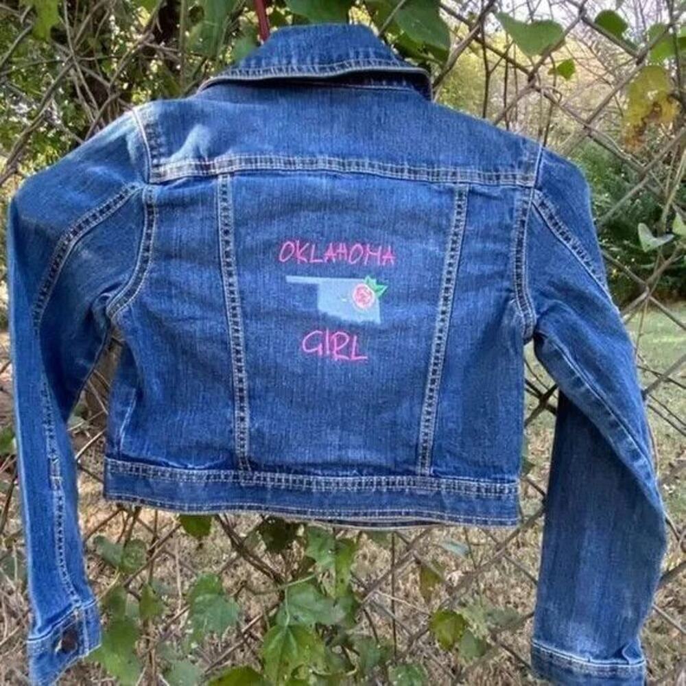 Girl's Route 66 Sz M 7/8 Denim Jean Jacket Custom Embroidered Oklahoma Girl